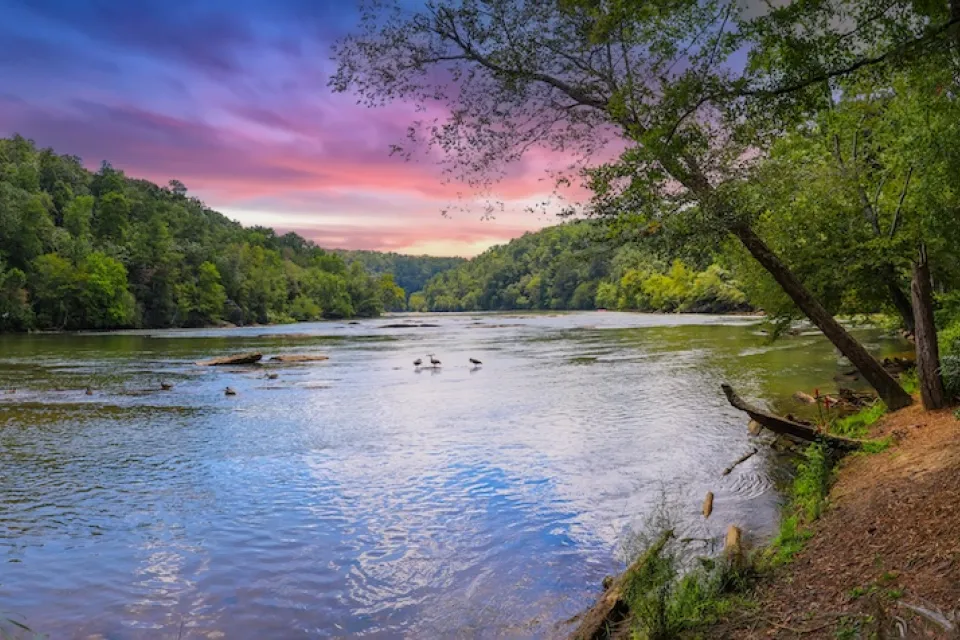 Colorful sunset view over Chattahoochee River in Georgia.